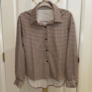Brown and Cream Geometric Button-Front Blouse